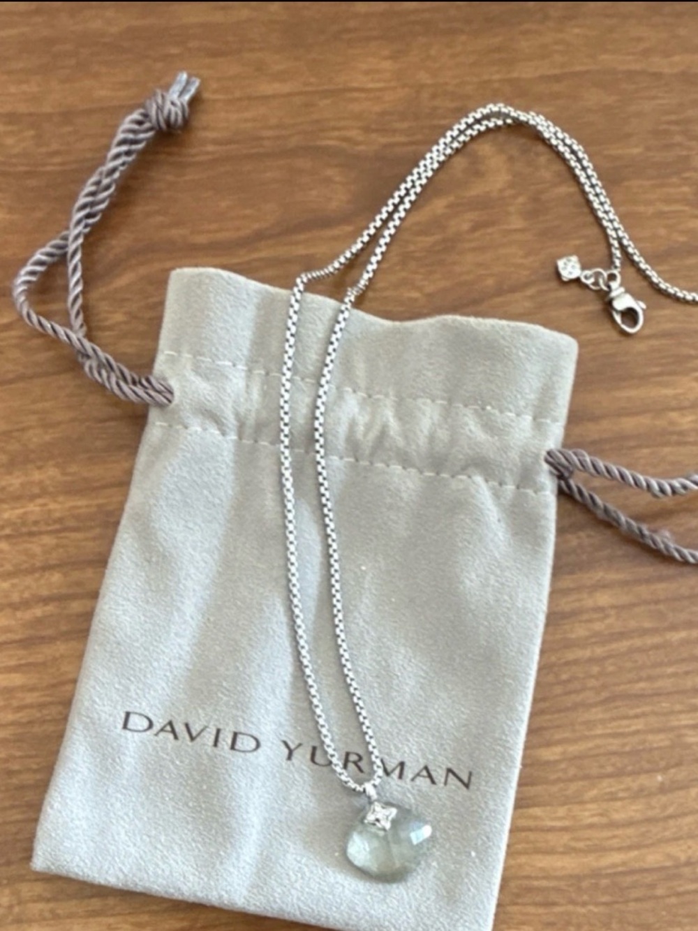 David Yurman Silver Chain Necklace with Light Green Faceted Heart Pendant